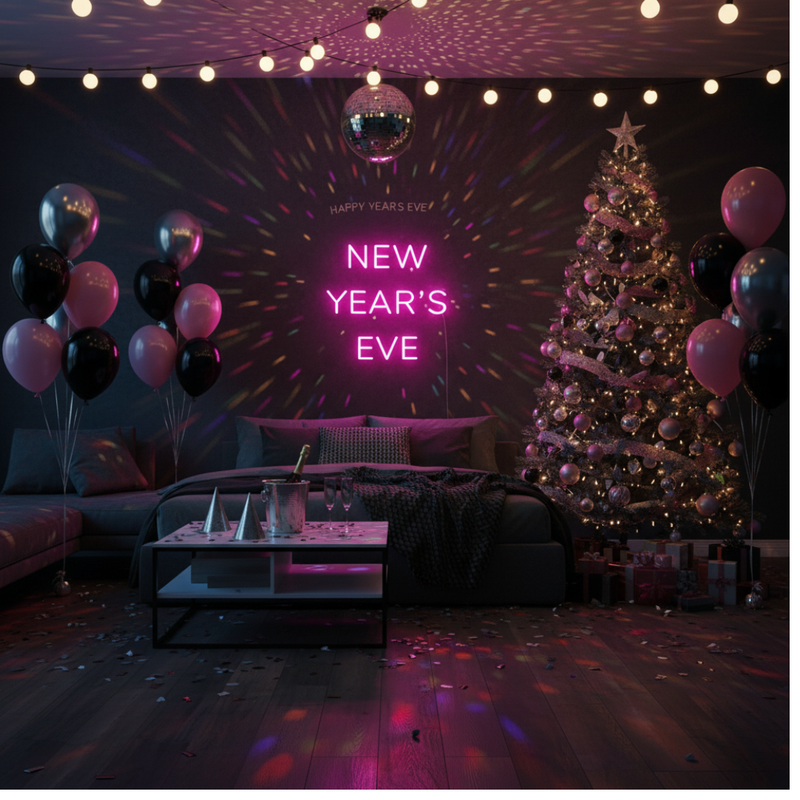 New Year's Eve' neon sign in a modern, bold font glowing in electric white by Neon.Shop.