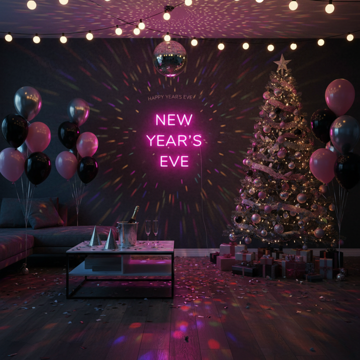 New Year's Eve' neon sign in a modern, bold font glowing in electric white by Neon.Shop.