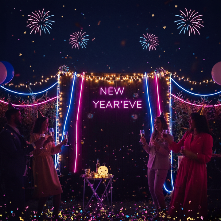 New Year's Eve' neon sign in a modern, bold font glowing in electric white by Neon.Shop.