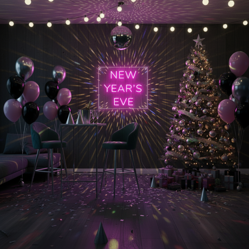New Year's Eve' neon sign in a modern, bold font glowing in electric white by Neon.Shop.