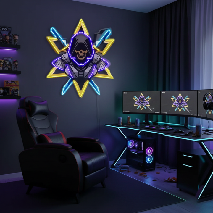 Ninja With Skull Mask UV Art LED neon sign with vibrant skull mask ninja illustration glowing in colors by Neon.Shop