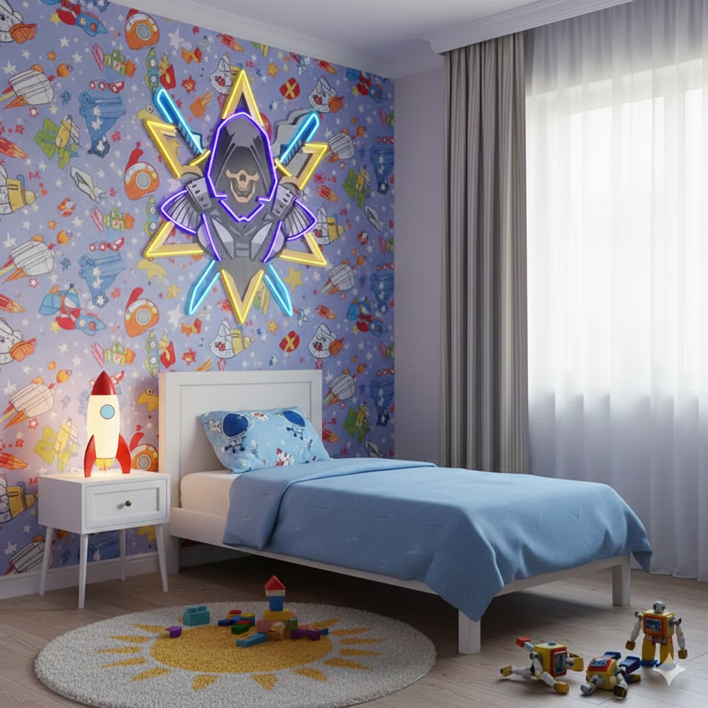 Ninja With Skull Mask UV Art LED neon sign with vibrant skull mask ninja illustration glowing in colors by Neon.Shop