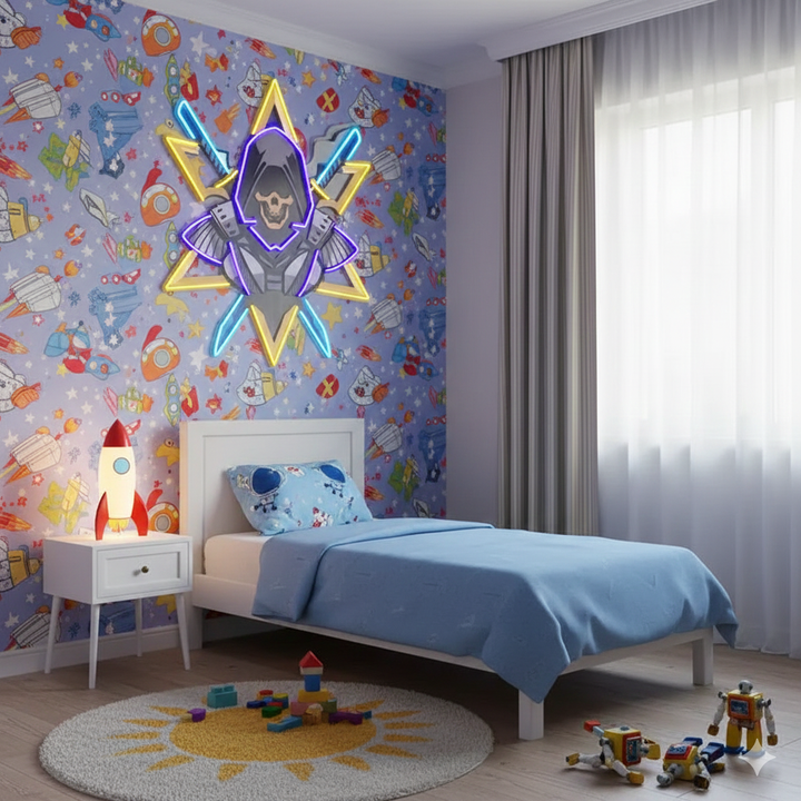 Ninja With Skull Mask UV Art LED neon sign with vibrant skull mask ninja illustration glowing in colors by Neon.Shop