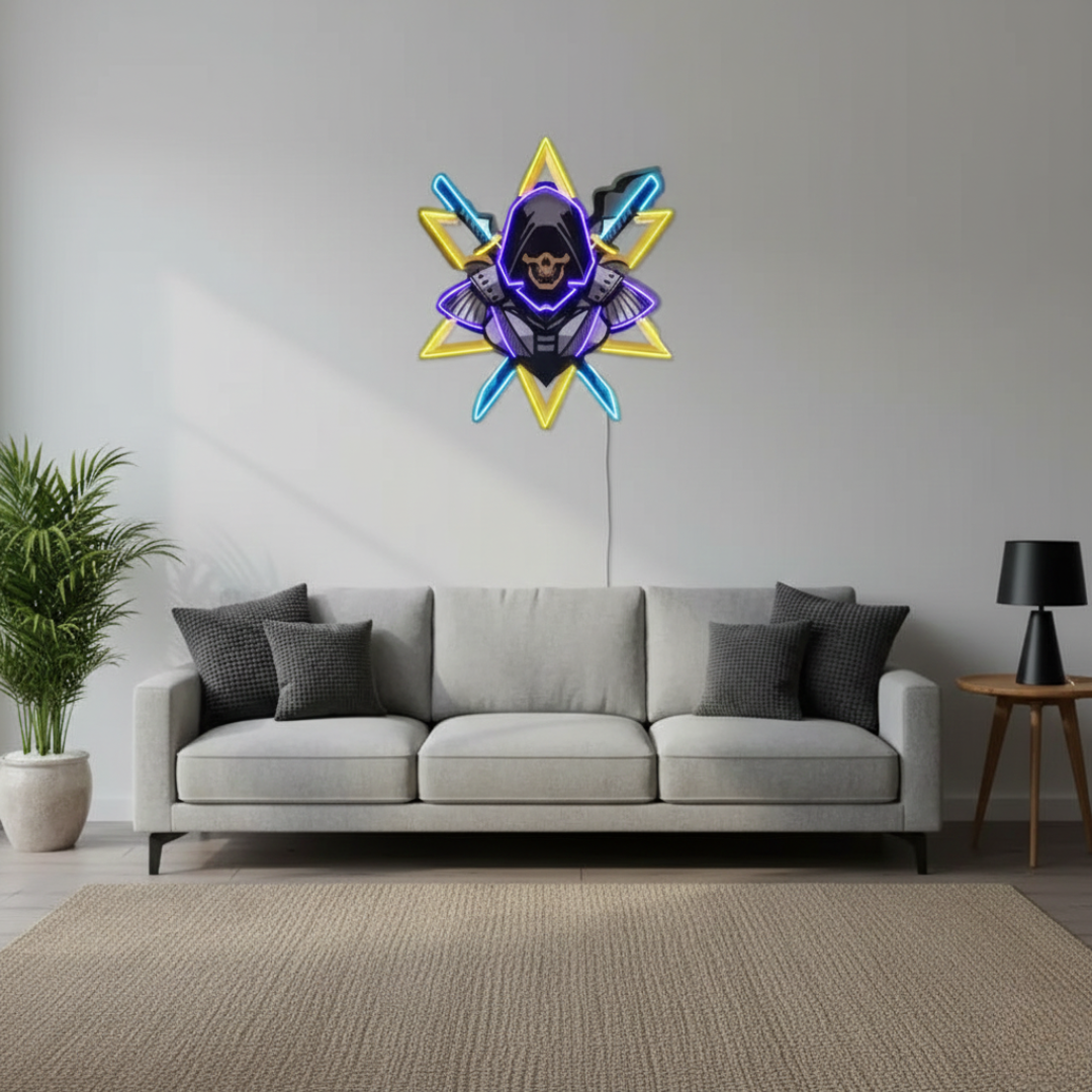 Ninja With Skull Mask UV Art LED neon sign with vibrant skull mask ninja illustration glowing in colors by Neon.Shop