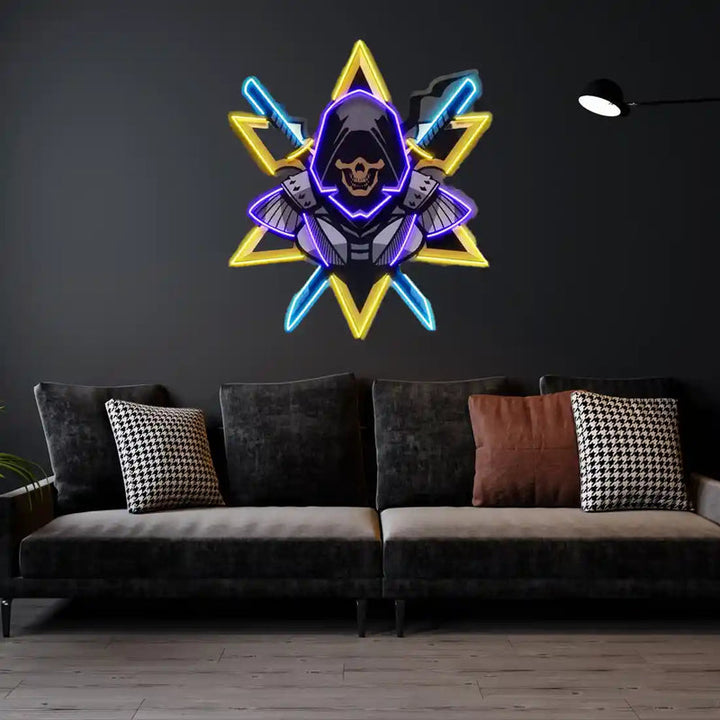Ninja With Skull Mask UV Art LED neon sign with vibrant skull mask ninja illustration glowing in colors by Neon.Shop