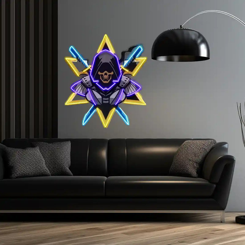 Ninja With Skull Mask UV Art LED neon sign with vibrant skull mask ninja illustration glowing in colors by Neon.Shop