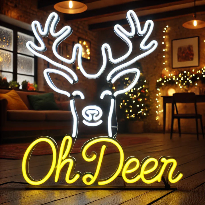 Oh Deer Merry Christmas Neon Sign in LED light with festive holiday design by Neon.Shop.