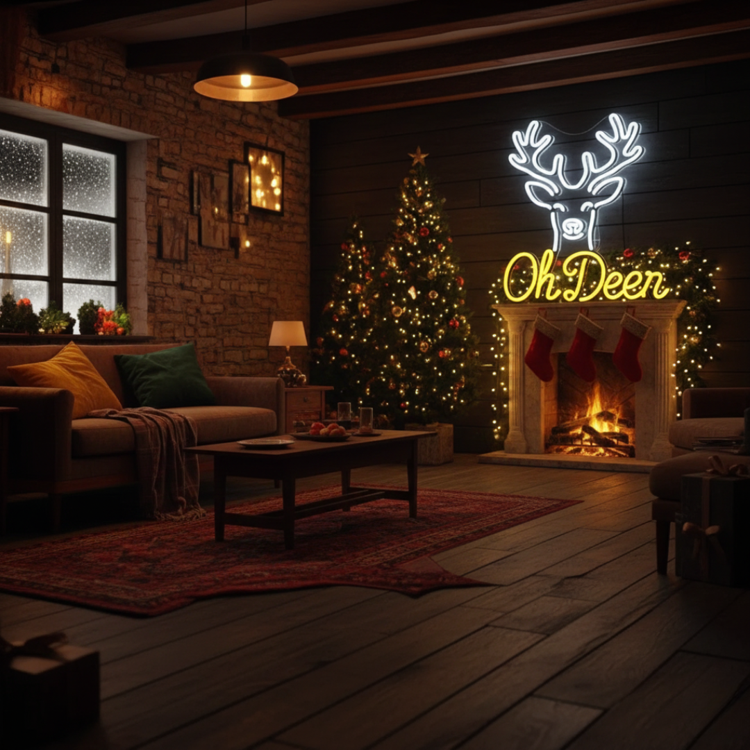 Oh Deer Merry Christmas Neon Sign in LED light with festive holiday design by Neon.Shop.