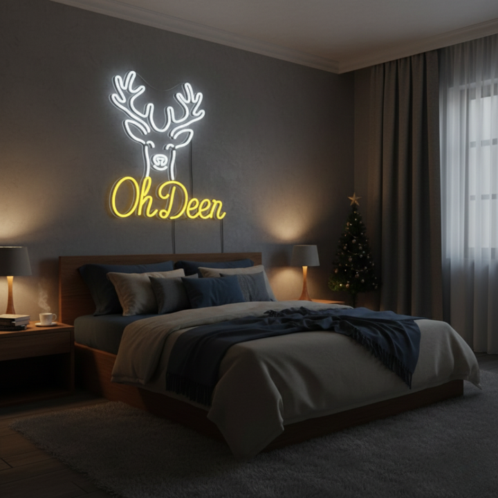 Oh Deer Merry Christmas Neon Sign in LED light with festive holiday design by Neon.Shop.