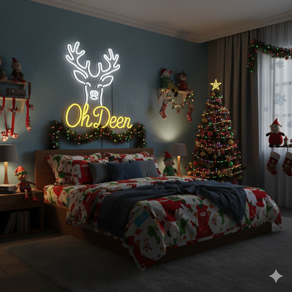 Oh Deer Merry Christmas Neon Sign in LED light with festive holiday design by Neon.Shop.