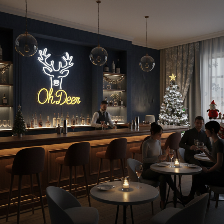Oh Deer Merry Christmas Neon Sign in LED light with festive holiday design by Neon.Shop.