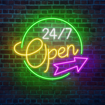 Open 24/7 Business Neon Sign by Neon.Shop with bright LED glow for nonstop storefront visibility