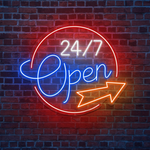 Open 24/7 Business Neon Sign by Neon.Shop with bright LED glow for nonstop storefront visibility