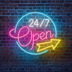 Open 24/7 Business Neon Sign by Neon.Shop with bright LED glow for nonstop storefront visibility