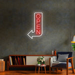 Open Arrow Business Neon Sign by Neon.Shop pointing toward a shop entrance