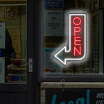 Open Arrow Business Neon Sign by Neon.Shop pointing toward a shop entrance