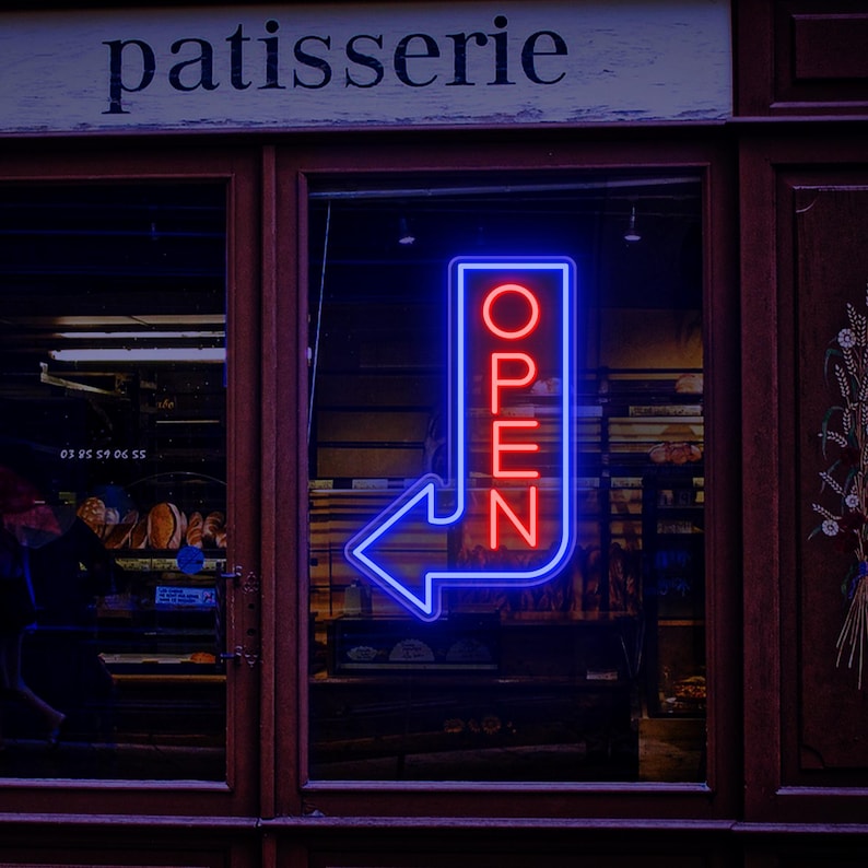 Open Arrow Business Neon Sign by Neon.Shop pointing toward a shop entrance
