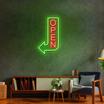Open Arrow Business Neon Sign by Neon.Shop pointing toward a shop entrance