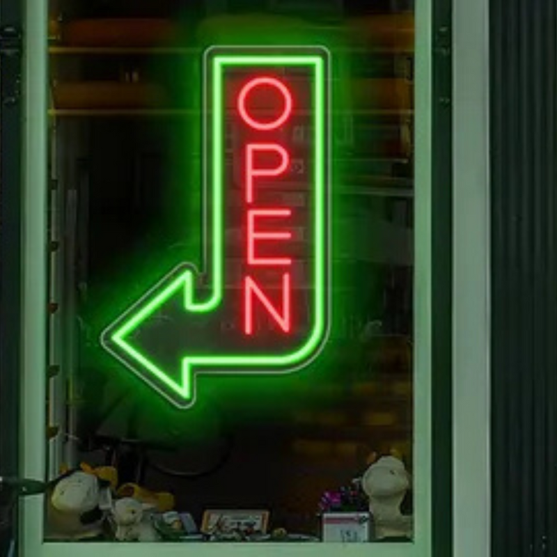 Open Arrow Business Neon Sign by Neon.Shop pointing toward a shop entrance