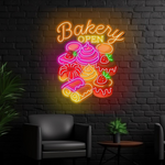 Bakery Open LED neon sign by Neon.Shop mounted above a bakery entrance to attract foot traffic