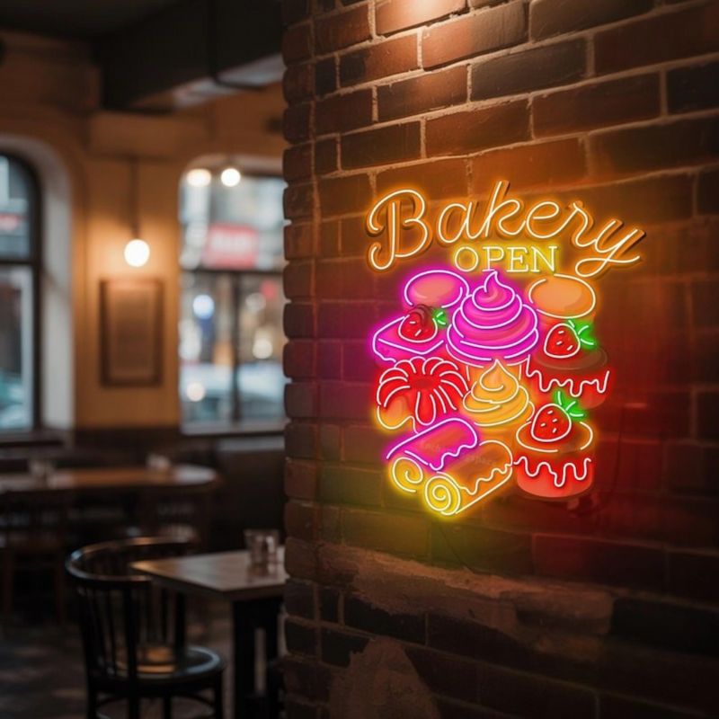 Bakery Open LED neon sign by Neon.Shop mounted above a bakery entrance to attract foot traffic