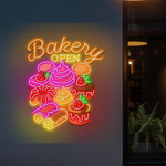 Bakery Open LED neon sign by Neon.Shop mounted above a bakery entrance to attract foot traffic