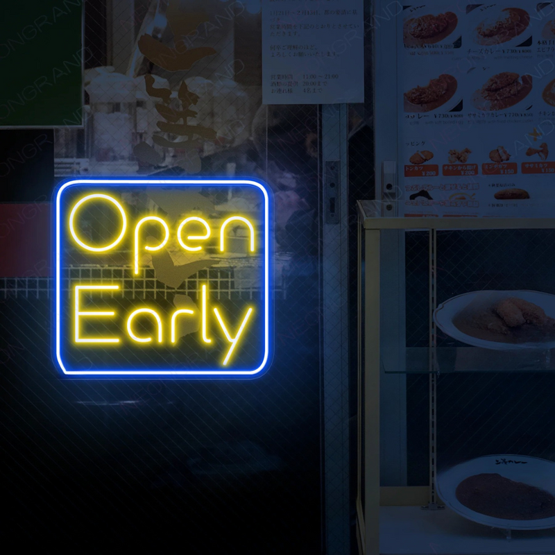 Open Early Business Neon Sign by Neon.Shop enhancing visibility and style for early-opening businesses