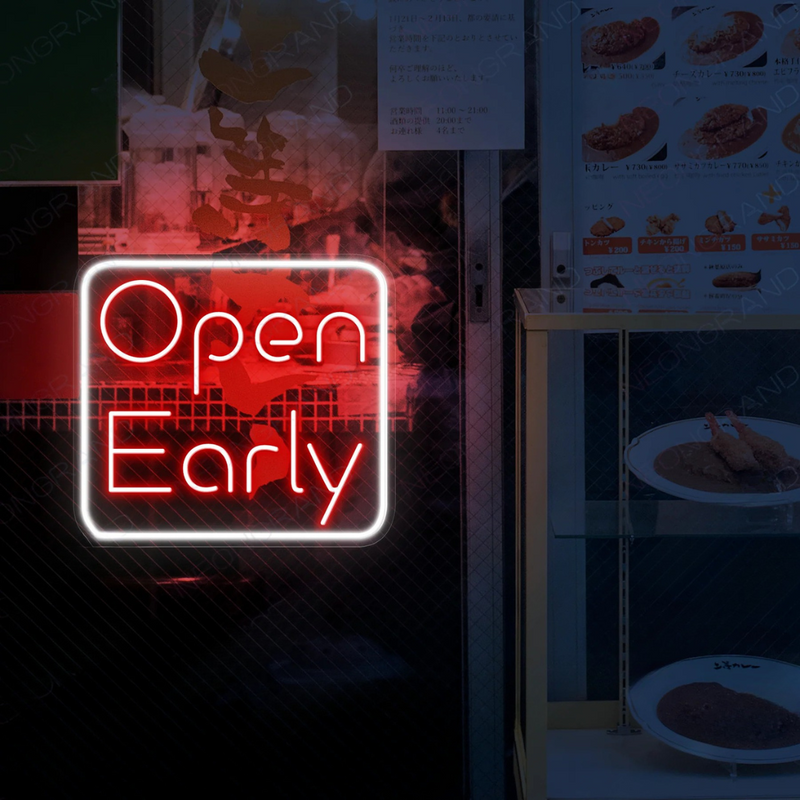 Open Early Business Neon Sign by Neon.Shop enhancing visibility and style for early-opening businesses