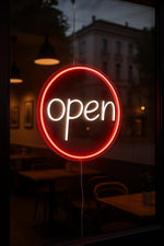 Open LED Neon Sign by Neon.Shop, ideal for storefronts and business windows