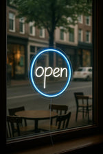 Open LED Neon Sign by Neon.Shop, ideal for storefronts and business windows