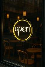 Open LED Neon Sign by Neon.Shop, ideal for storefronts and business windows