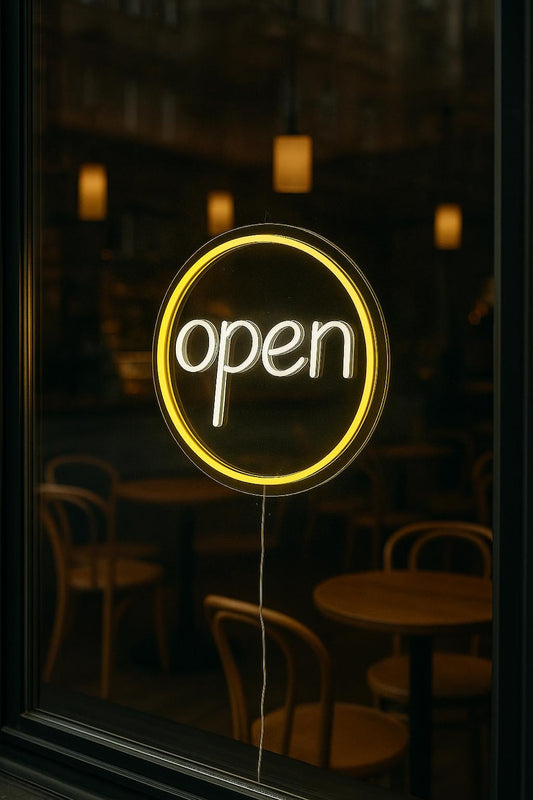 Open LED Neon Sign by Neon.Shop, ideal for storefronts and business windows