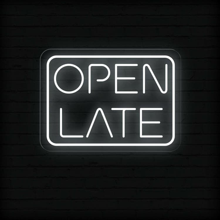 Open Late Business Neon Sign by Neon.Shop glowing bright for nighttime business visibility