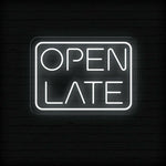 Open Late Business Neon Sign by Neon.Shop glowing bright for nighttime business visibility