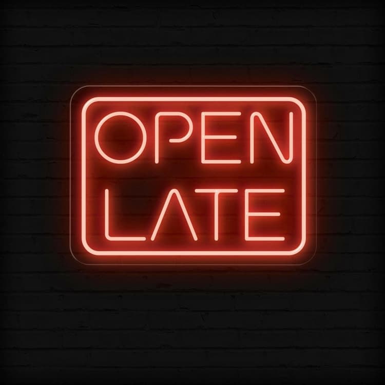 Open Late Business Neon Sign by Neon.Shop glowing bright for nighttime business visibility