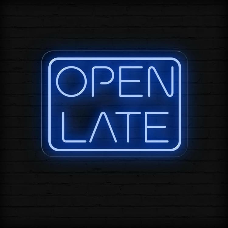 Open Late Business Neon Sign by Neon.Shop glowing bright for nighttime business visibility