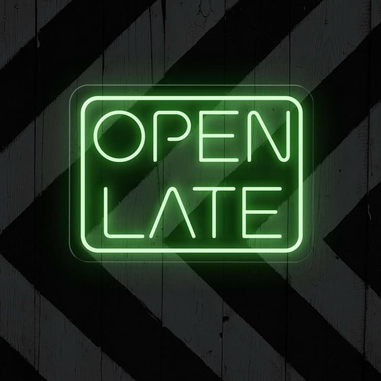 Open Late Business Neon Sign by Neon.Shop glowing bright for nighttime business visibility