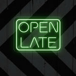 Open Late Business Neon Sign by Neon.Shop glowing bright for nighttime business visibility