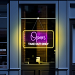 Open Take Out Only Business Neon Sign by Neon.Shop glowing brightly for customer visibility