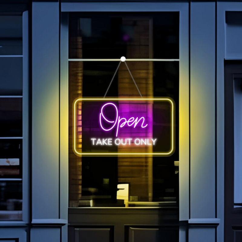 Open Take Out Only Business Neon Sign by Neon.Shop glowing brightly for customer visibility