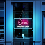 Open Take Out Only Business Neon Sign by Neon.Shop glowing brightly for customer visibility
