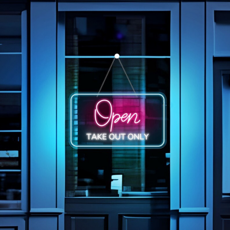 Open Take Out Only Business Neon Sign by Neon.Shop glowing brightly for customer visibility