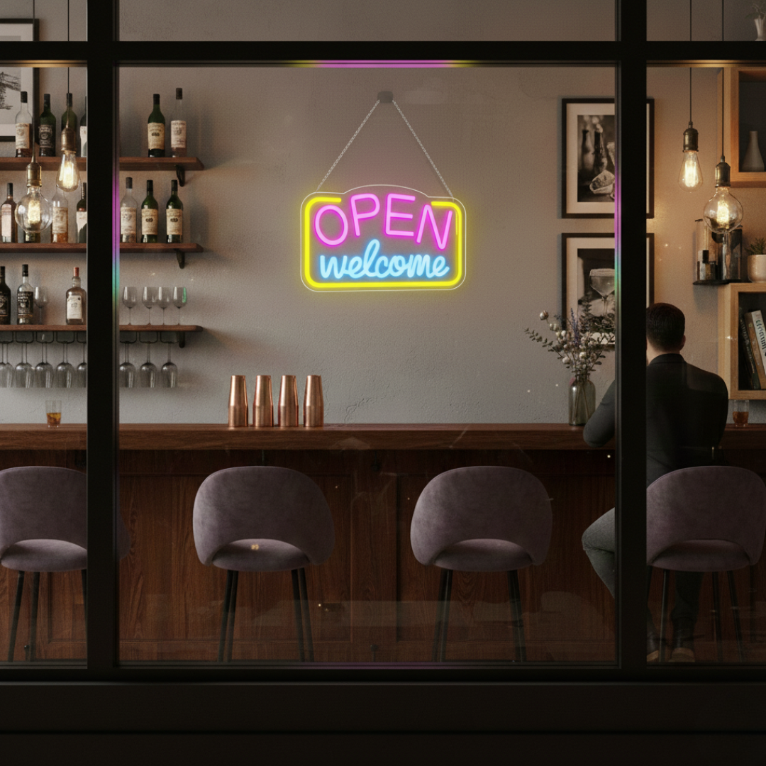 Open Welcome Business Neon Sign by Neon.Shop glowing in a storefront window