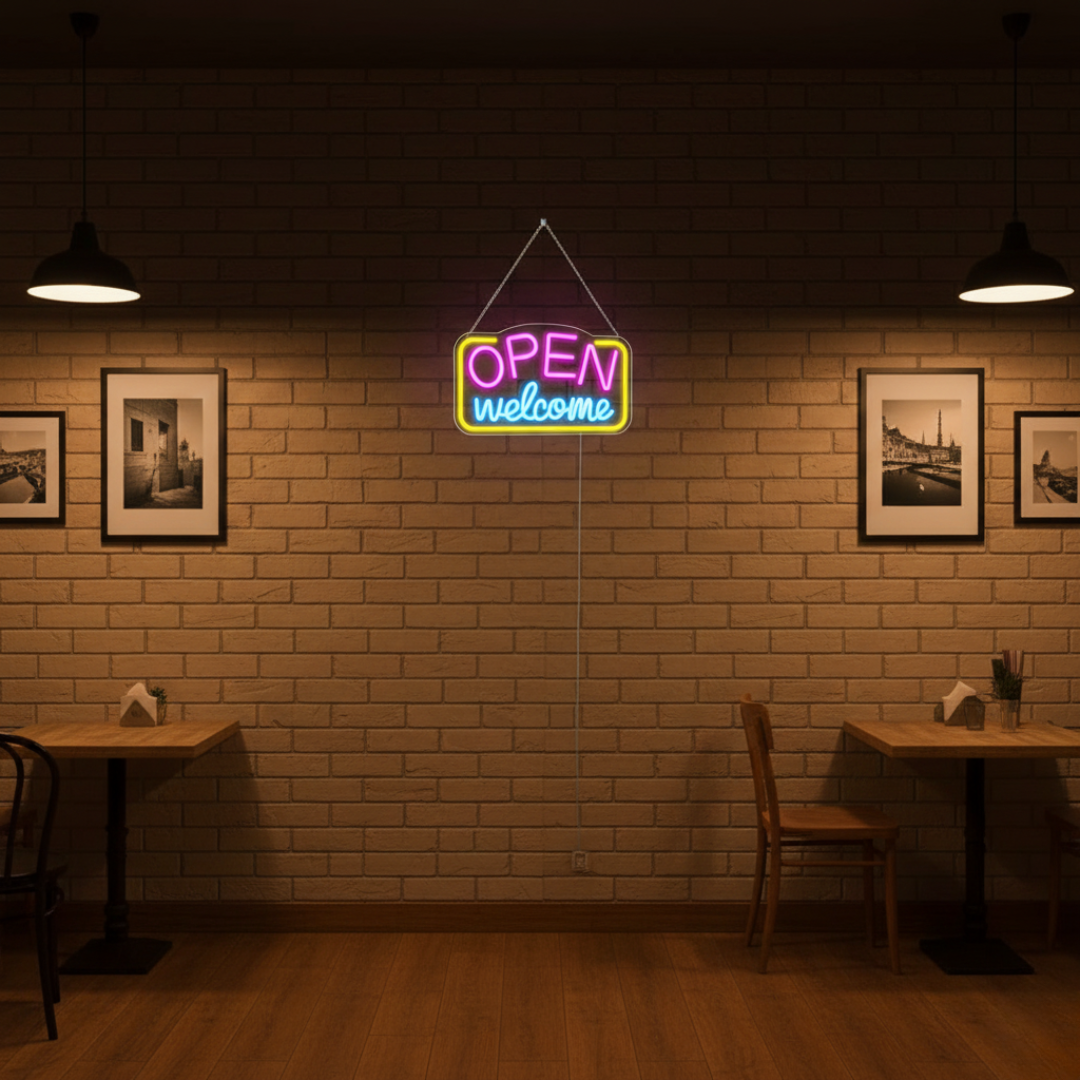 Open Welcome Business Neon Sign by Neon.Shop glowing in a storefront window