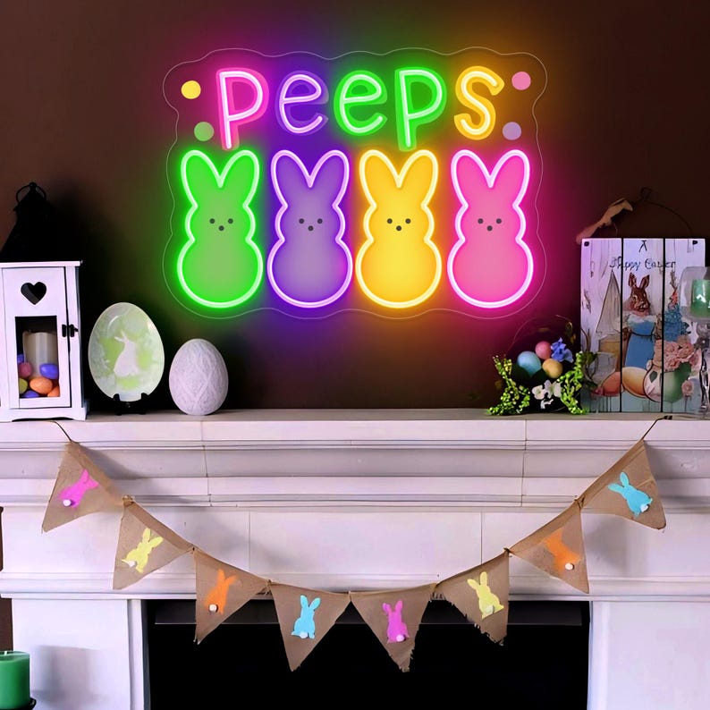 PEEPS Bunny LED neon sign for Easter decor by Neon.Shop, featuring a colorful glowing bunny design perfect for home walls