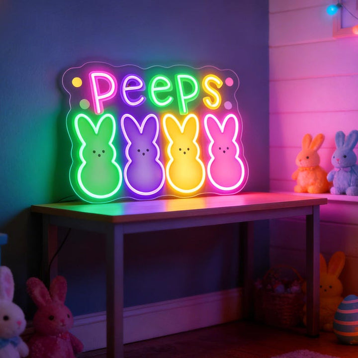 PEEPS Bunny LED neon sign for Easter decor by Neon.Shop, featuring a colorful glowing bunny design perfect for home walls