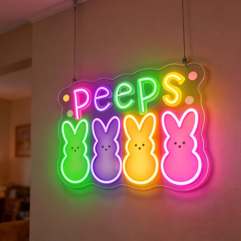 PEEPS Bunny LED neon sign for Easter decor by Neon.Shop, featuring a colorful glowing bunny design perfect for home walls