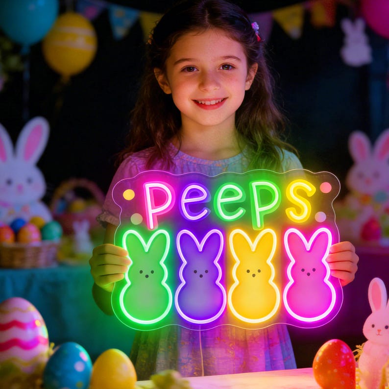 PEEPS Bunny LED neon sign for Easter decor by Neon.Shop, featuring a colorful glowing bunny design perfect for home walls
