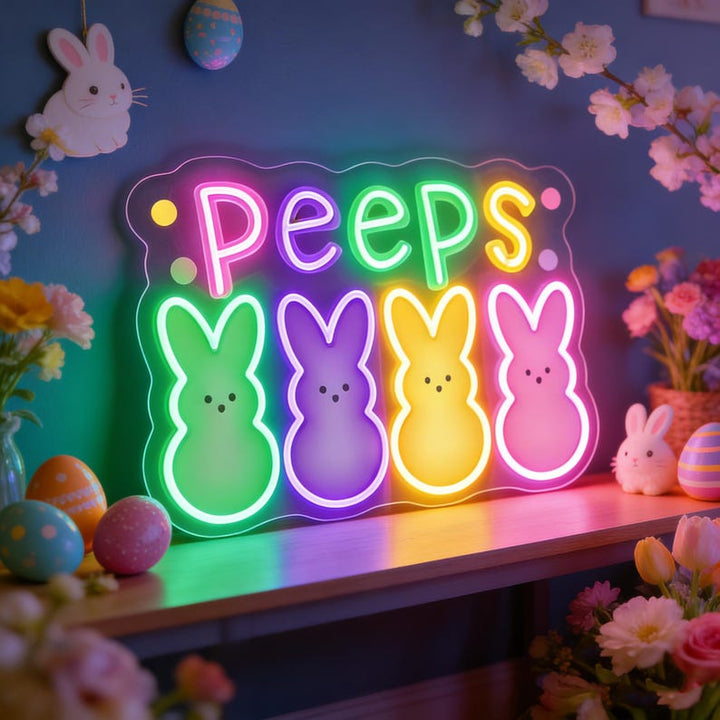 PEEPS Bunny LED neon sign for Easter decor by Neon.Shop, featuring a colorful glowing bunny design perfect for home walls