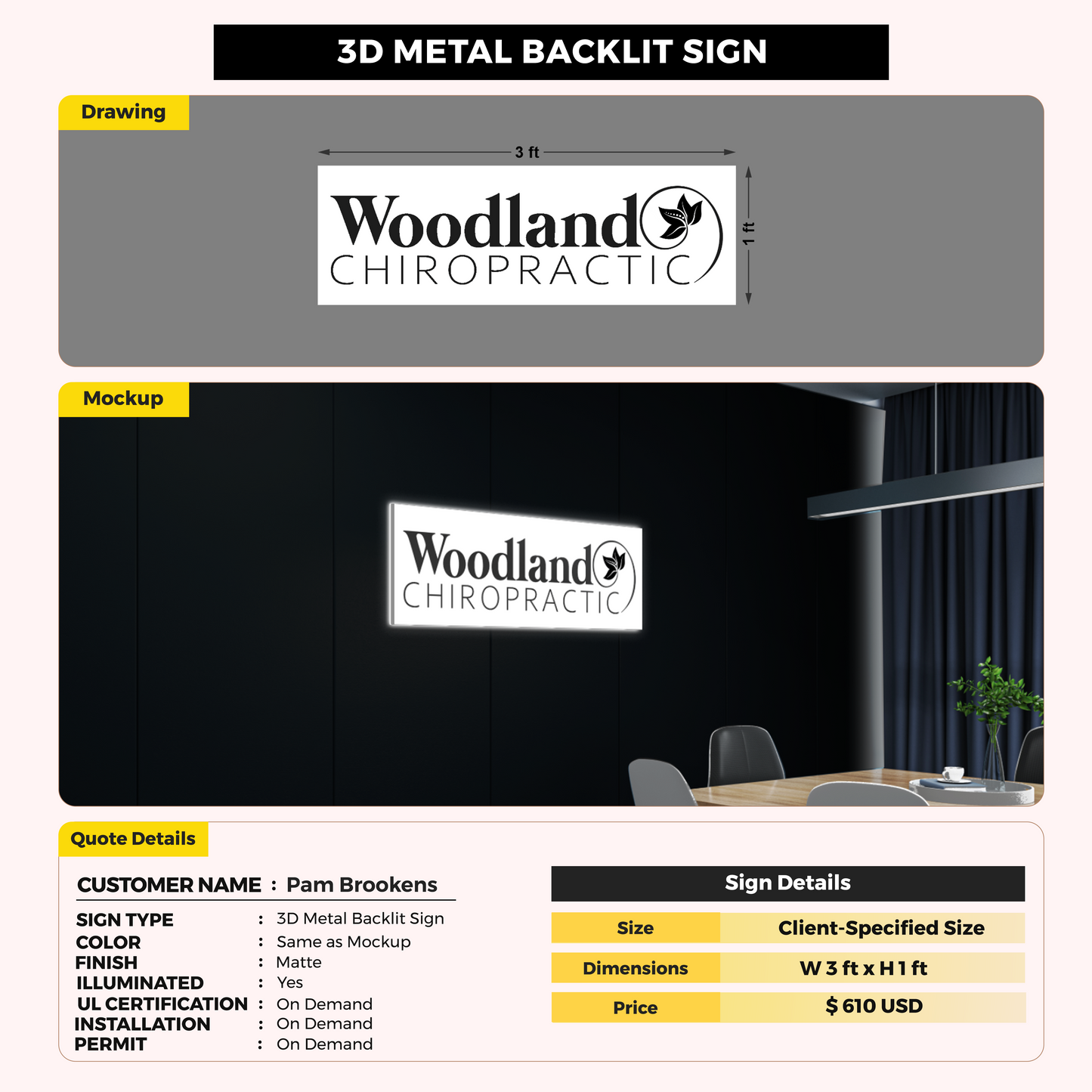 3D Metal Backlit Sign For Pam Brookens